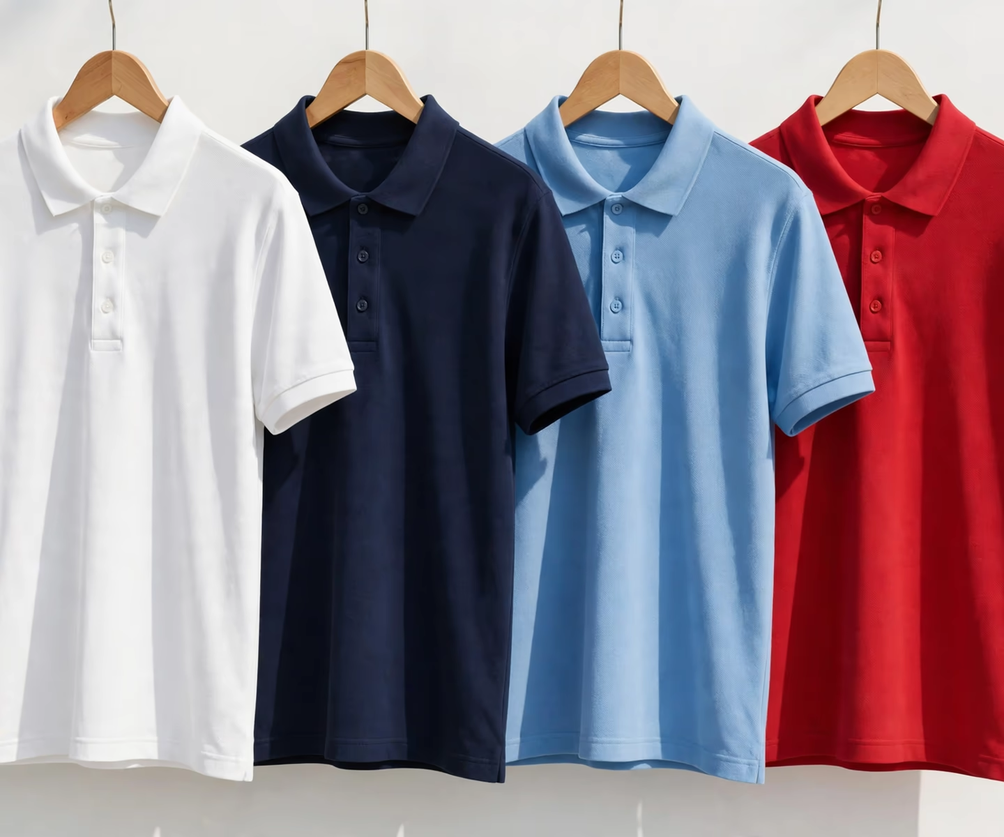 Polo shirts in assorted colours on hangers