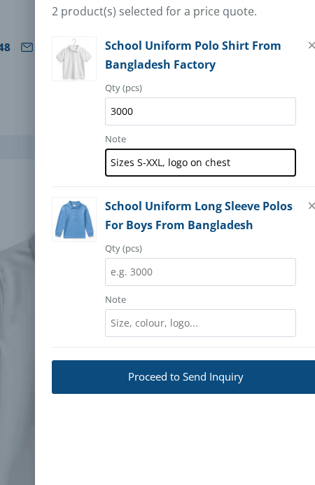 Quantity and note filled in the inquiry basket