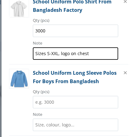 Quantity and note fields next to a product in the inquiry basket