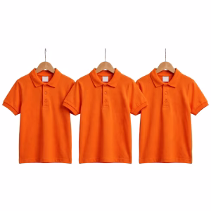 Boys orange school uniform polo shirts on wooden hangers