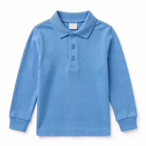 Boys sky blue long sleeve school uniform polo shirt front view