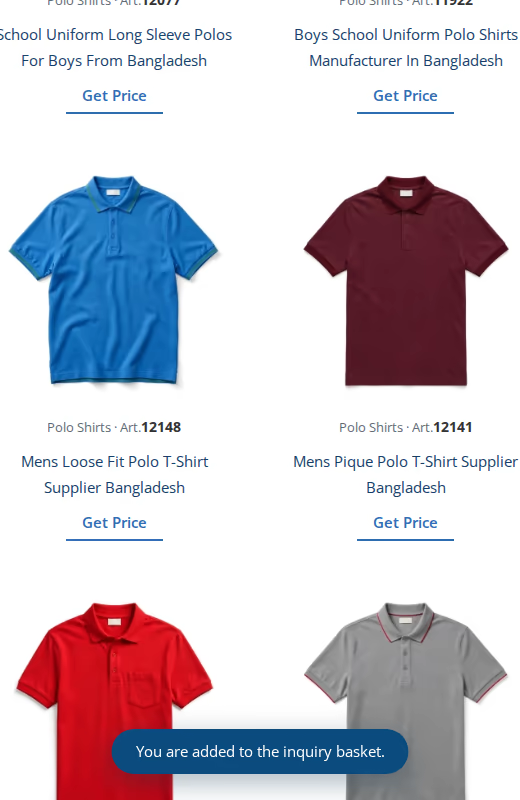 The added to inquiry basket message on a product page