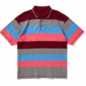 Mens burgundy multi stripe polo shirt front view