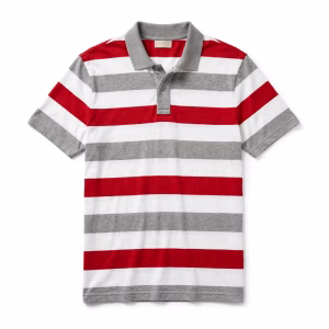 Mens red white grey striped polo shirt front view