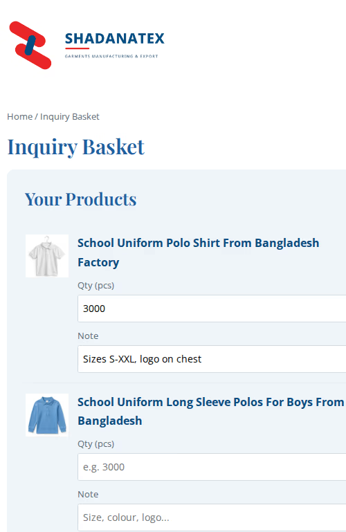 Your products list on the send inquiry page