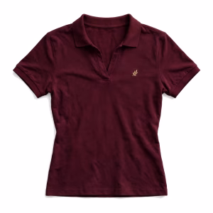 Womens burgundy embroidered uniform polo shirt front view