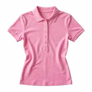 Womens pink five button golf shirt front view
